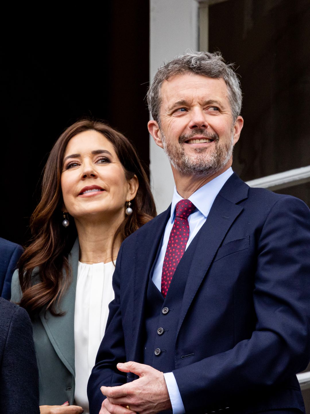 Crown Princess Mary of Denmark opted for a deep grey crepe trouser suit 