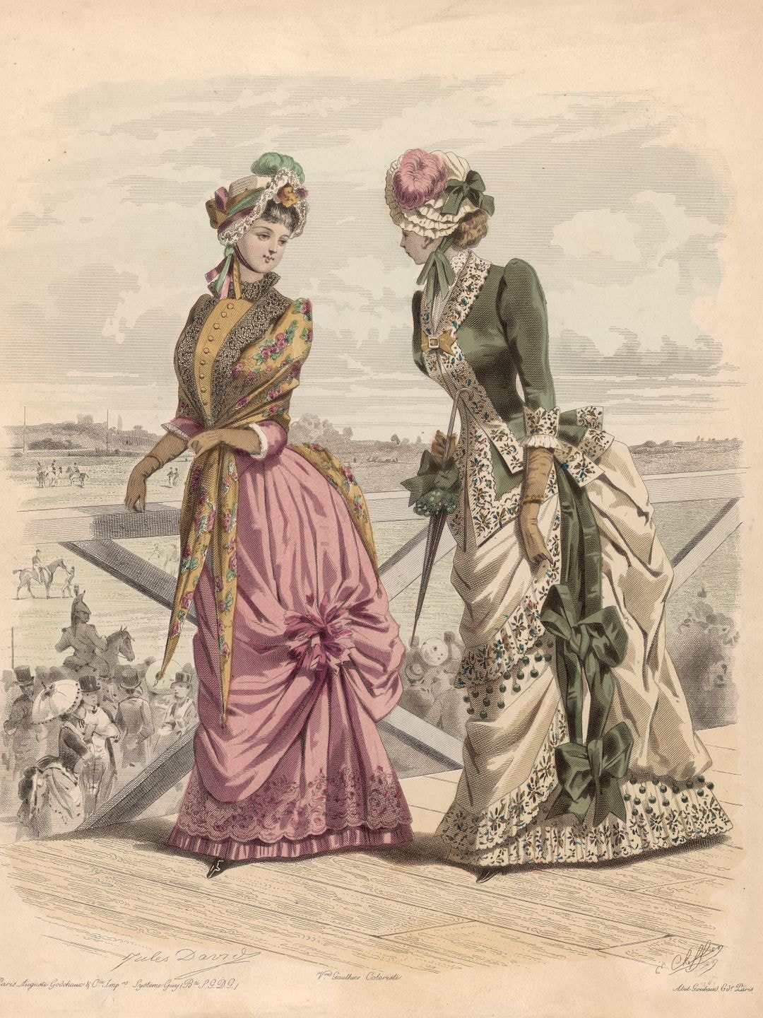 Illustration depicting two women, each wearing ornate flowing gowns, at Ascot Racecourse in Berkshire, England, Great Britain, 1880. Both women, each wearing a bonnet, are standing on a balcony overlooking a crowd watching the racing. By Jules David. (Photo by Hulton H Colour/Getty Images) (Photo by Edward Gooch Collection/Hulton Archive/Getty Images)