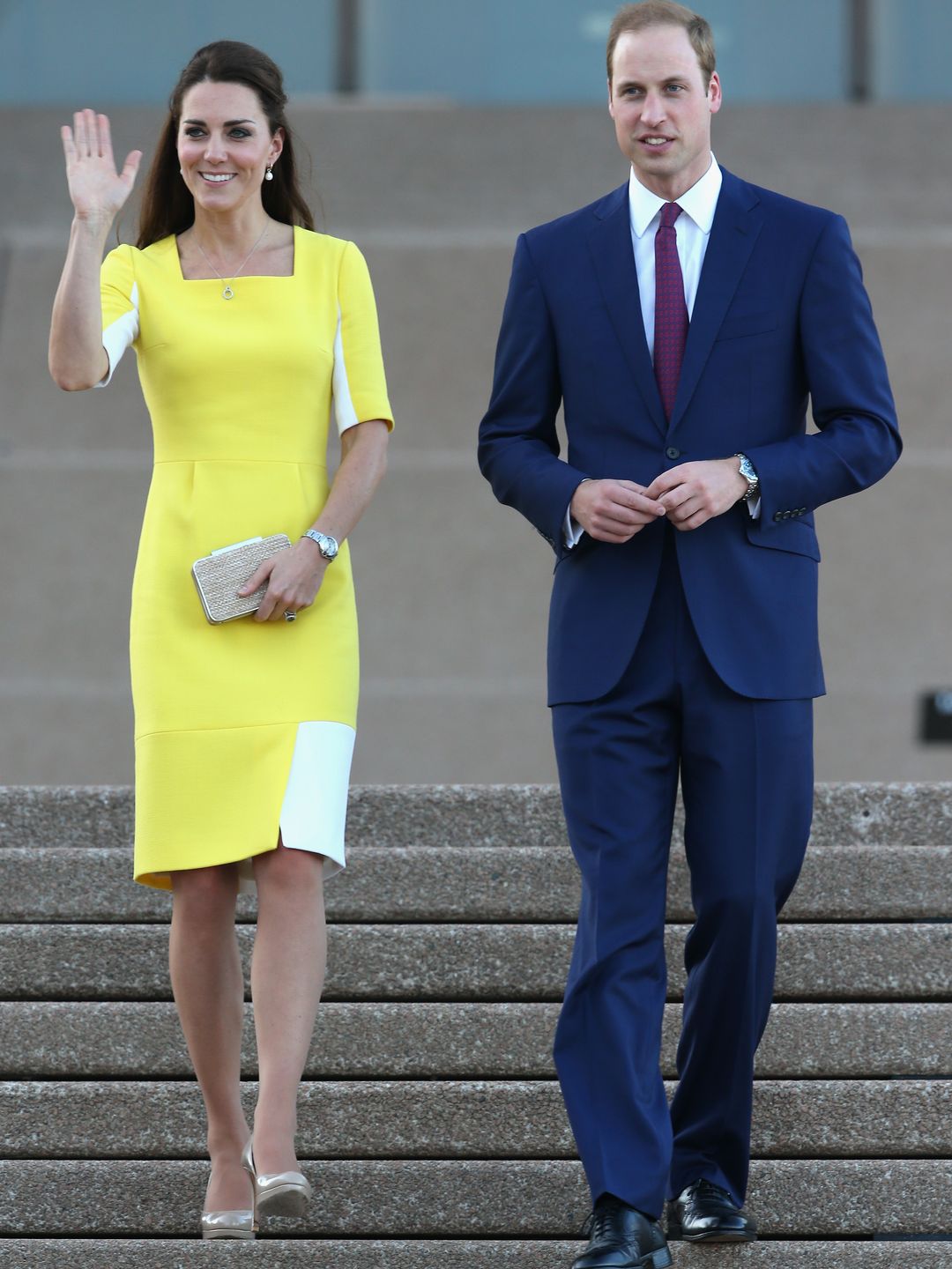 Catherine, Duchess of Cambridge greets the crowds of public outside Sydney Opera House wearing Roksanda dress