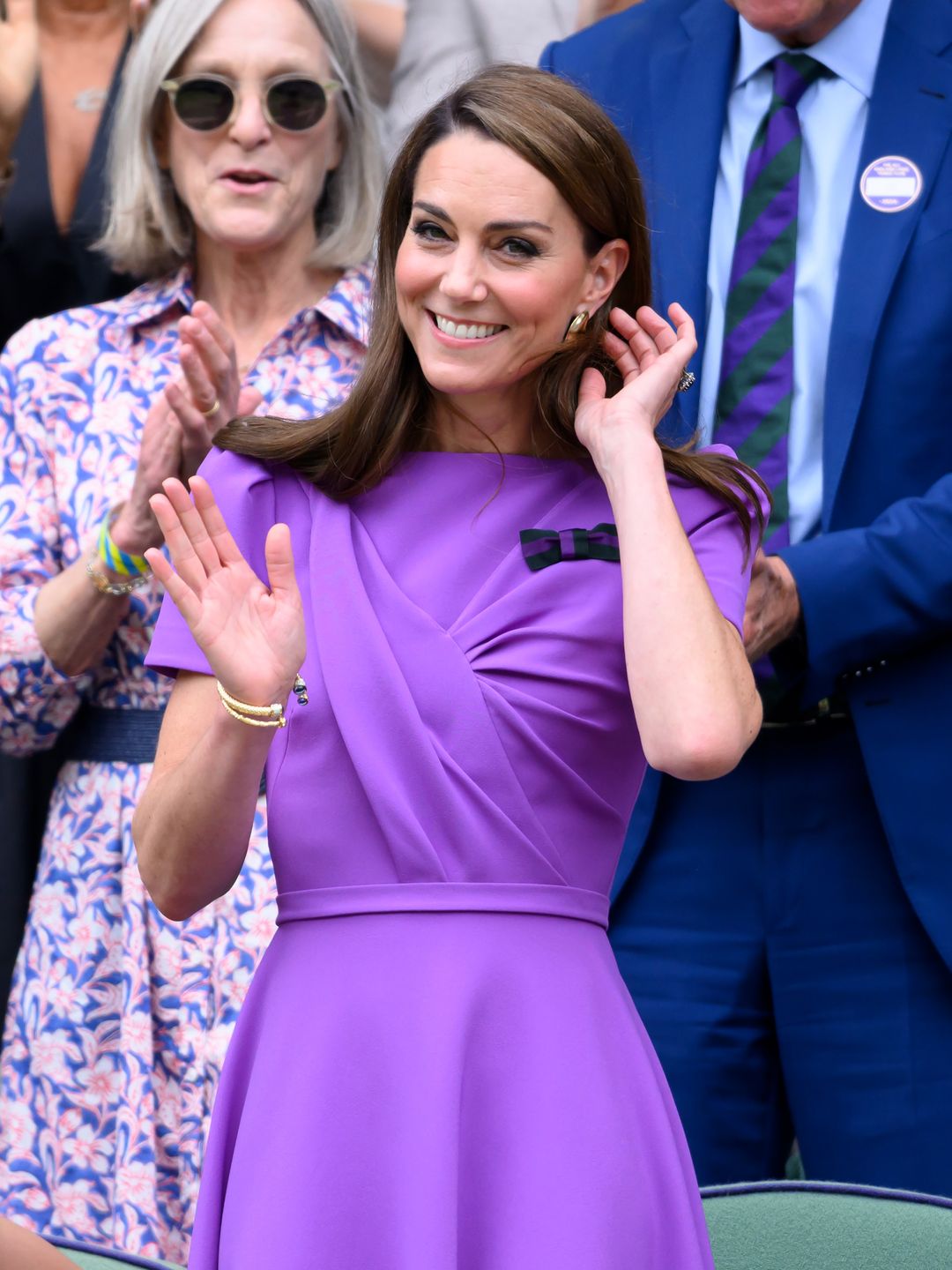 Catherine, Princess of Wales court-side of Centre Court during the men's final on day fourteen of the Wimbledon Tennis Championships at the All England Lawn Tennis and Croquet Club on July 14, 2024 in London, England.