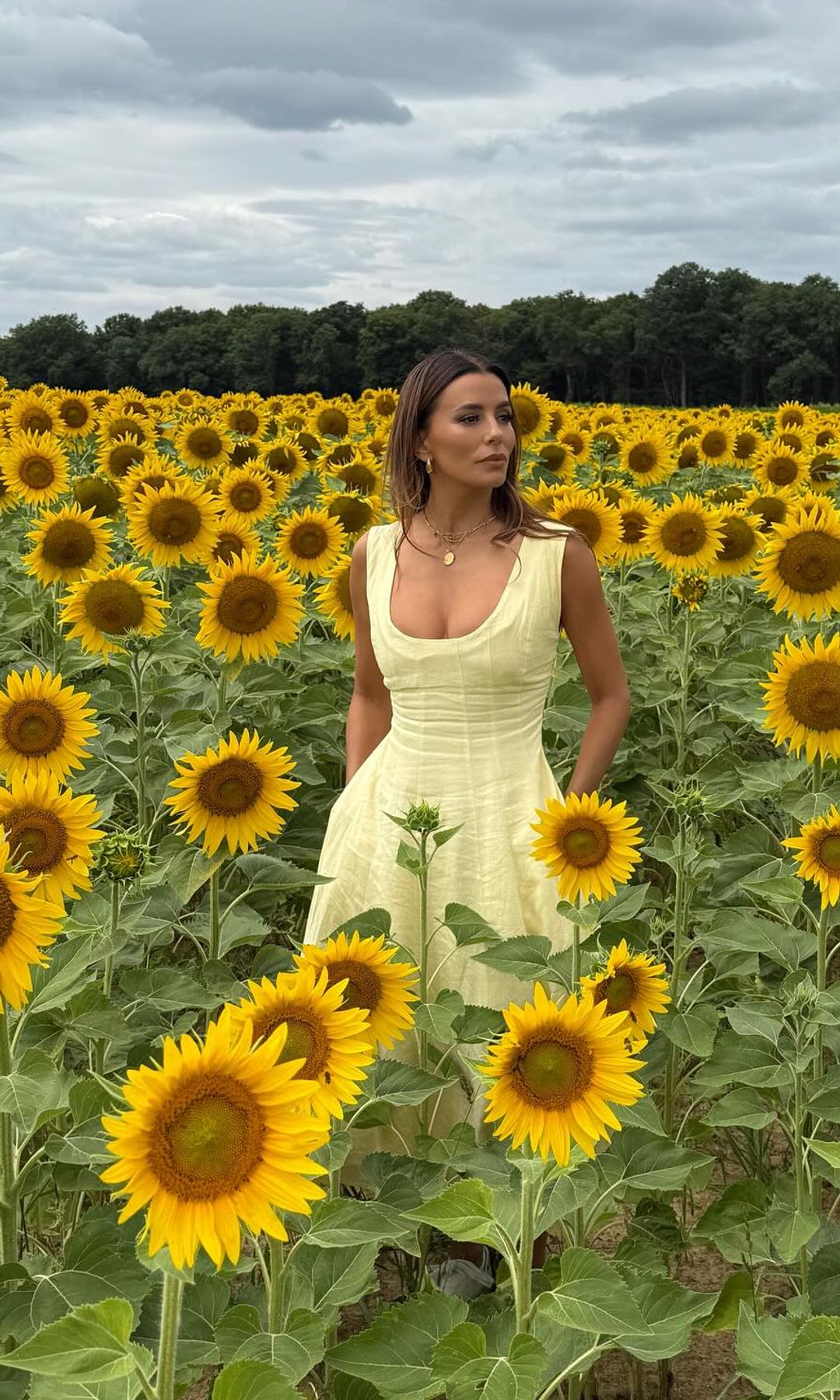 Eva Longoria poses in a sunflower field wearing a yellow dress