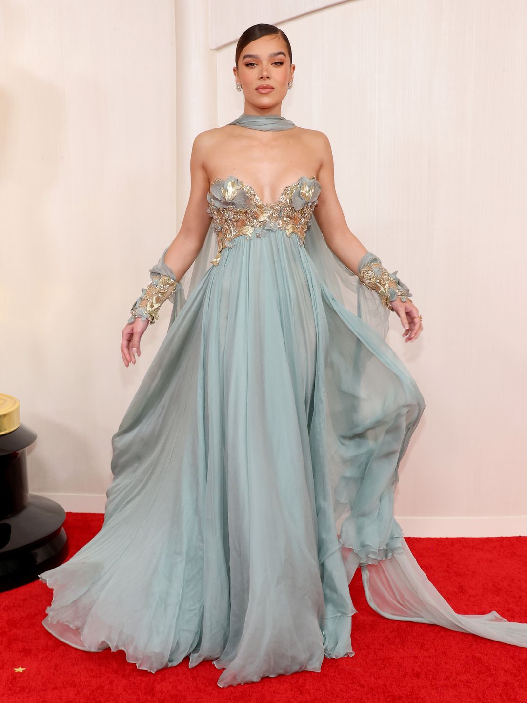 Hailee Steinfeld attends the 96th Annual Academy Awards in a chiffon gown
