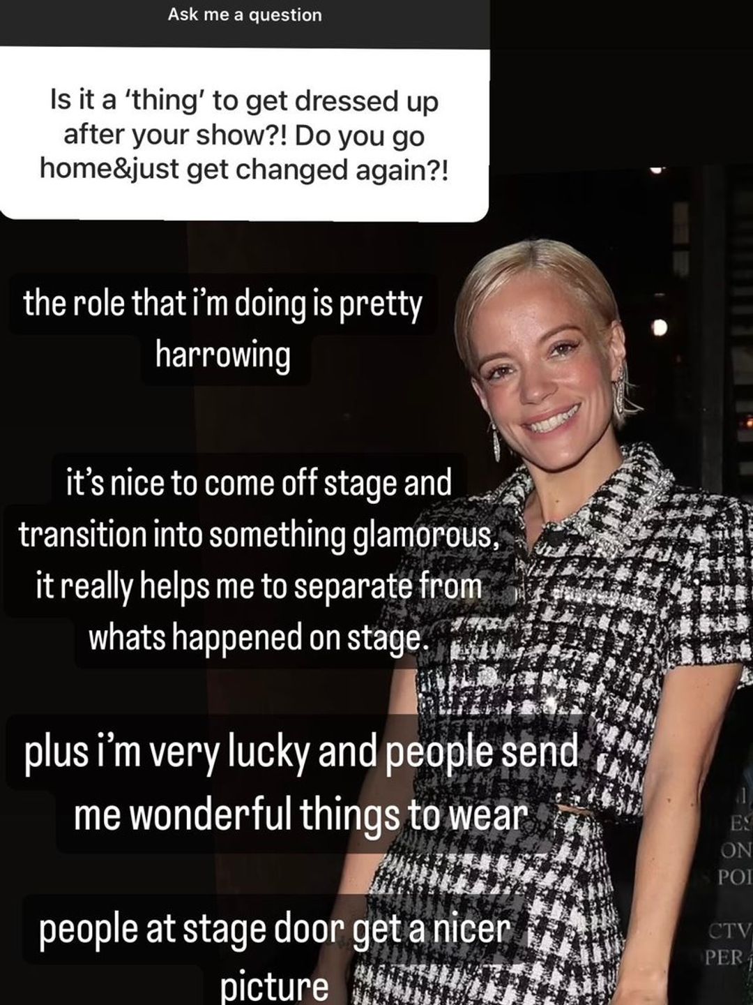 Lily Allen Instagram Story explaining why she likes getting dressed up after a performance