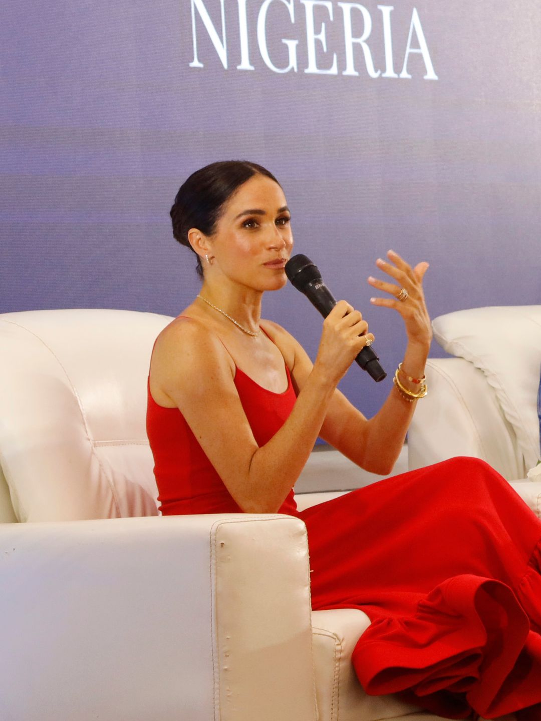 Meghan, Duchess of Sussex speaks at a Women in Leadership event co-hosted with Ngozi Okonjo-Iweala on May 11, 2024 in Abuja, Nigeria. (Photo by Andrew Esiebo/Getty Images for The Archewell Foundation)