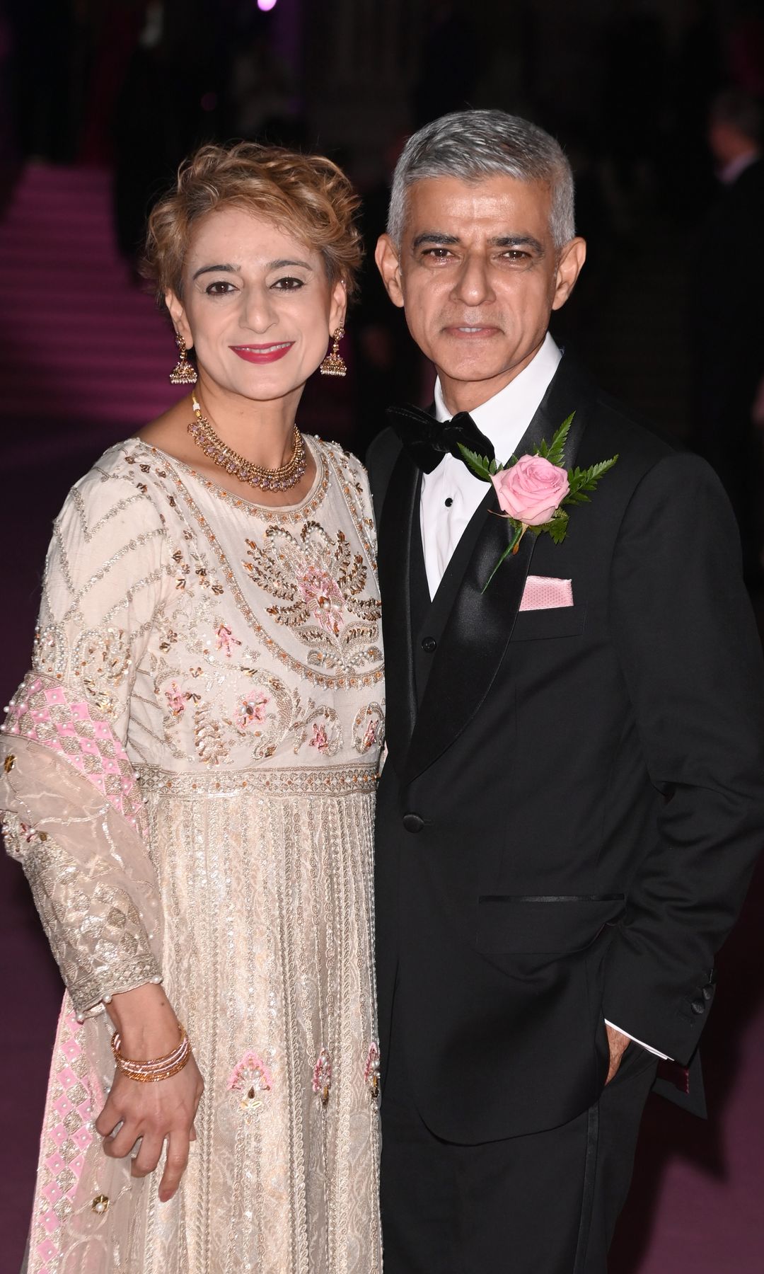 Saadiya Ahmed and husband Sadiq Khan on a pink carpet