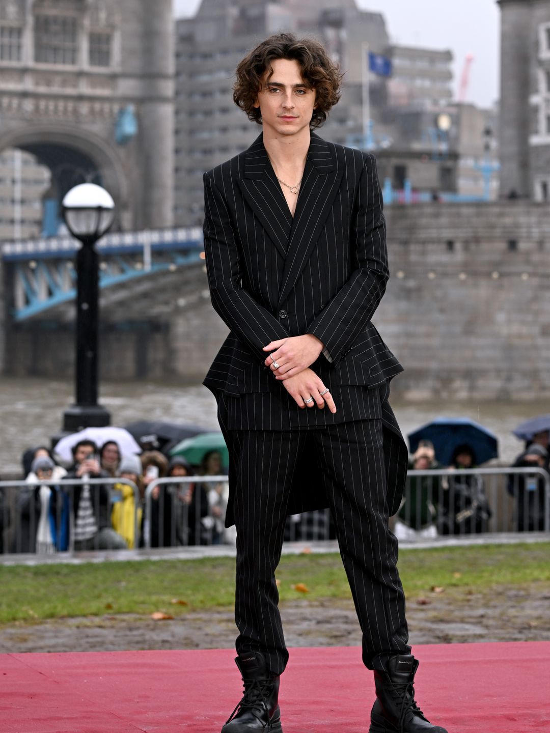 Timothée Chalamet attends the "Wonka" Photocall at Potter's Field Park on November 27, 2023 in London, England.