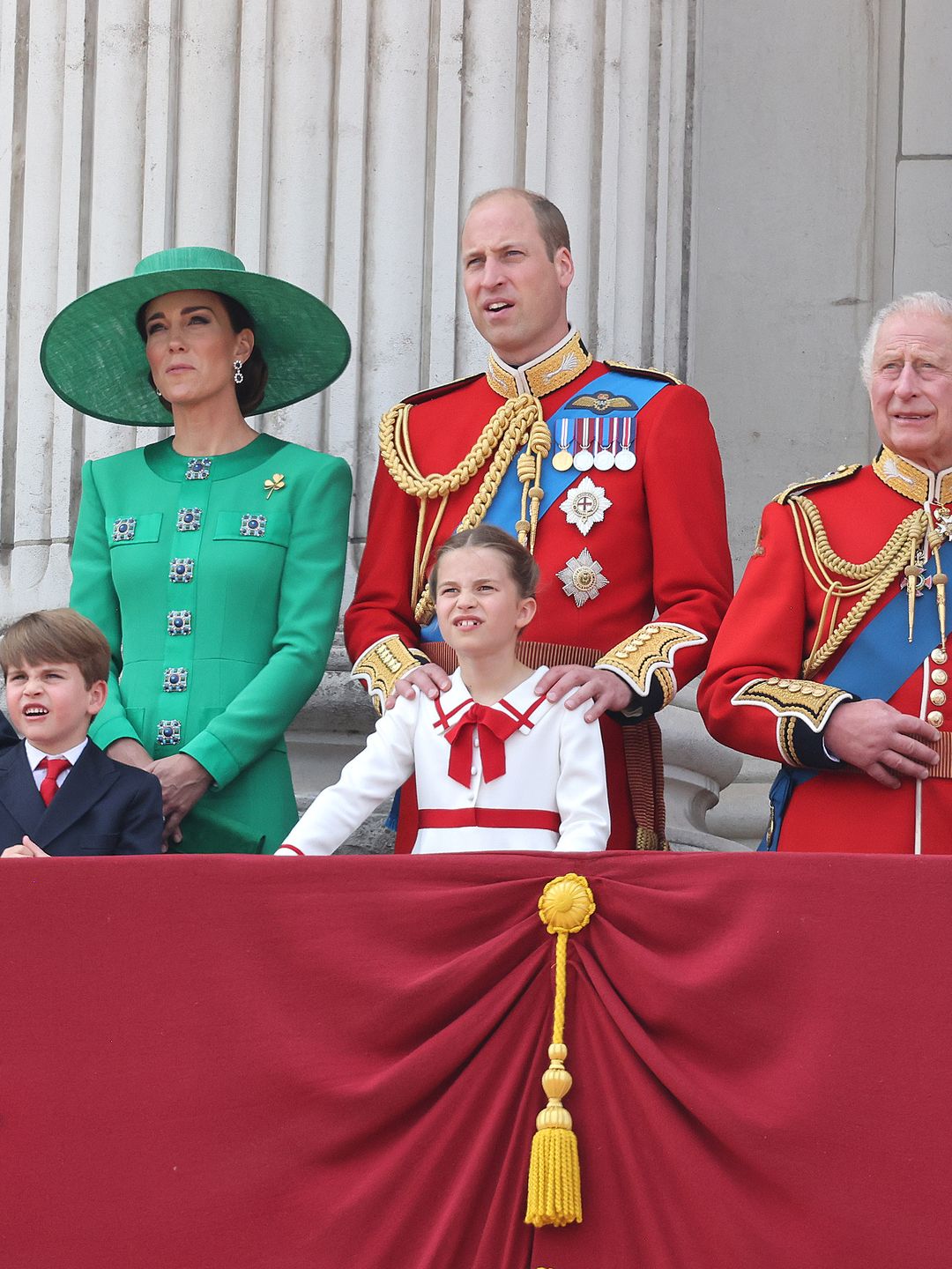 Princess Anne, Prince George, Prince Louis, Princess Kate, Prince William, Princess Charlotte, King Charles and Queen Camilla on the Buckingham Palace balcony