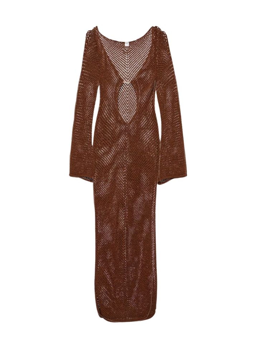 Brown mesh dress with midriff cutout 