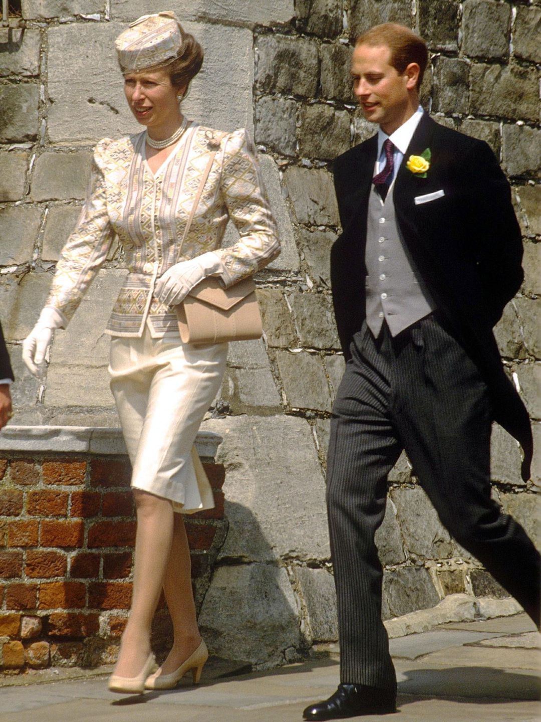 Princess Anne in a cream skirt with Prince Edward