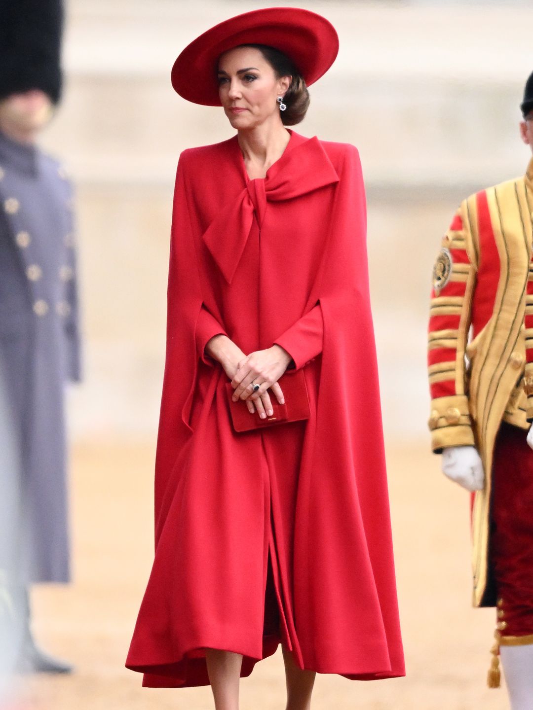 Catherine, Princess of Wales attends a ceremonial welcome for The President and the First Lady of the Republic of Korea at Horse Guards Parade wearing Catherine Walker
