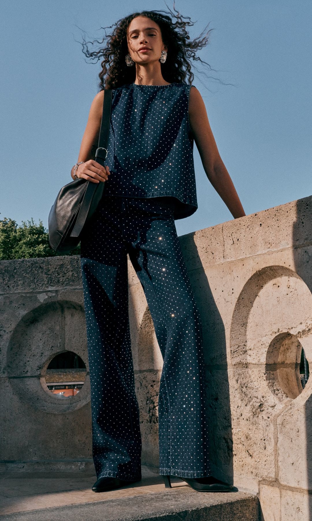 model in sparkly denim co-ord