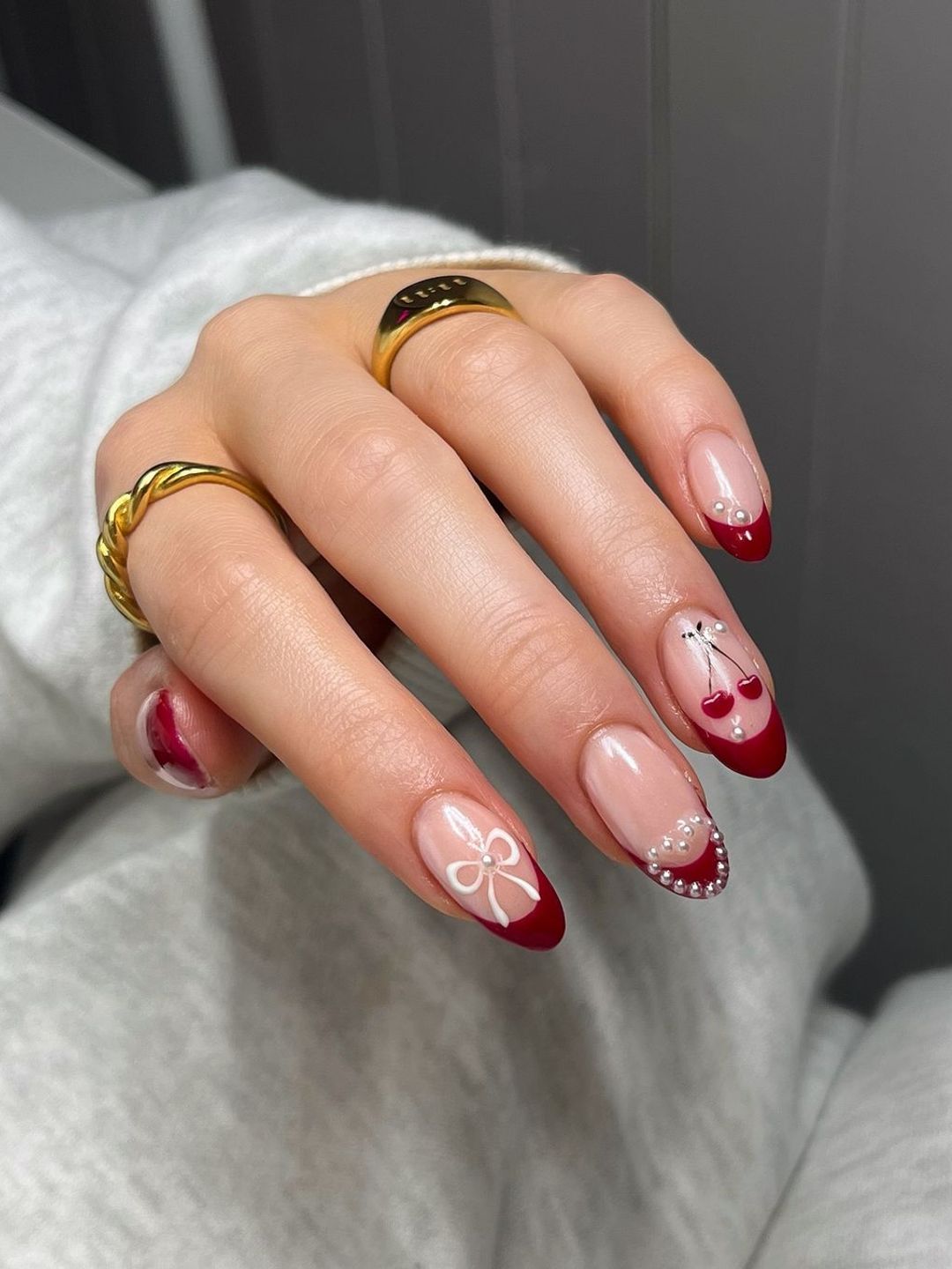 Nails with bows, cherries and hearts 