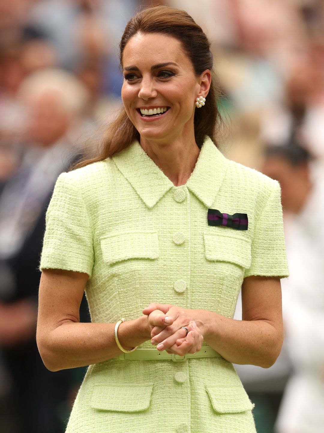 LONDON, ENGLAND - JULY 15: Catherine, Princess of Wales looks on following Marketa Vondrousova of Czech Republic's victory in the Women's Singles Final against Ons Jabeur of Tunisia on day thirteen of The Championships Wimbledon 2023 at All England Lawn Tennis and Croquet Club on July 15, 2023 in London, England. (Photo by Julian Finney/Getty Images)