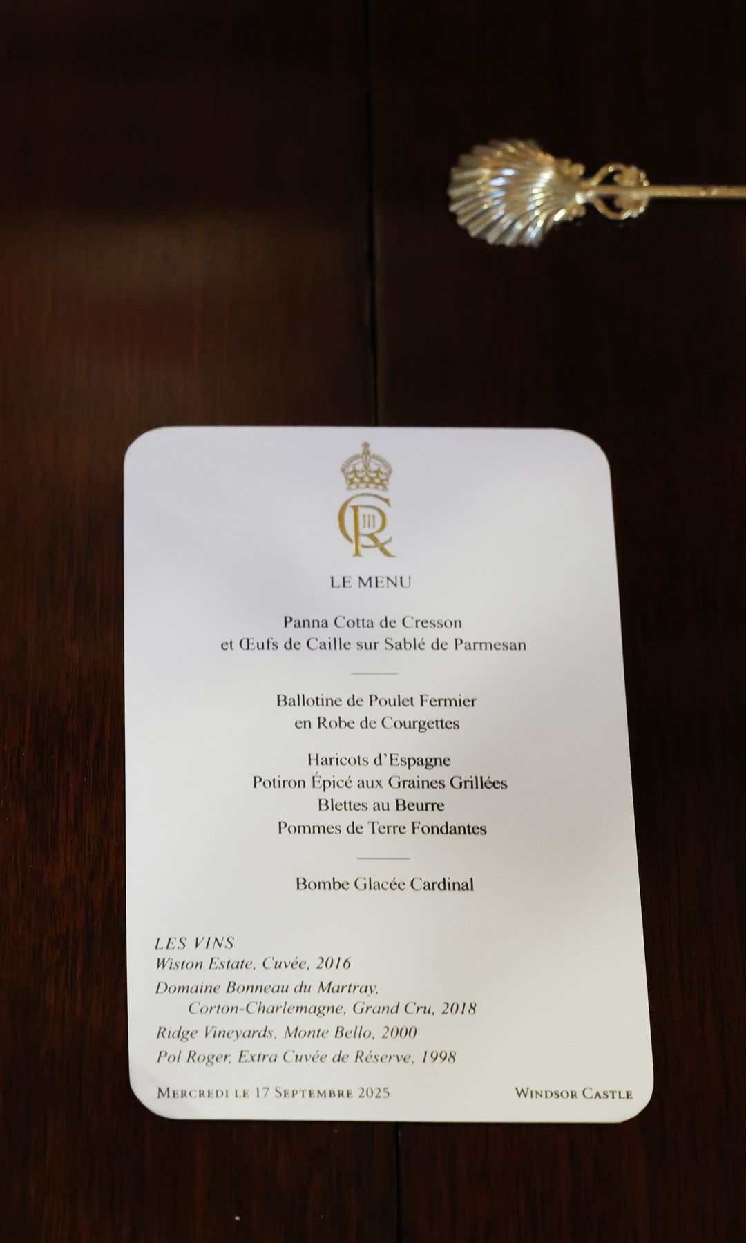The menu card for a State Banquet