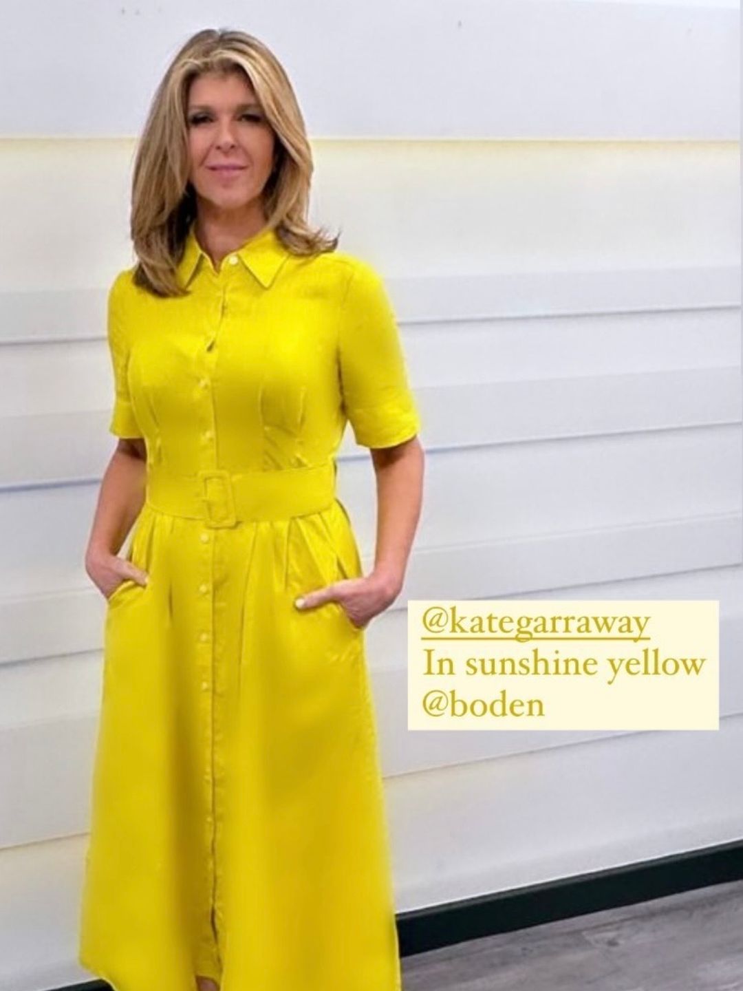 kate garraway yellow belted dress on gmb