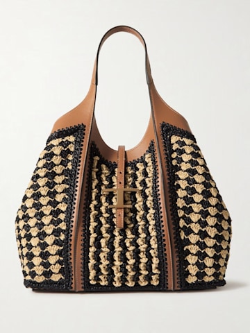 T Timeless leather-trimmed raffia shoulder bag - Tod's