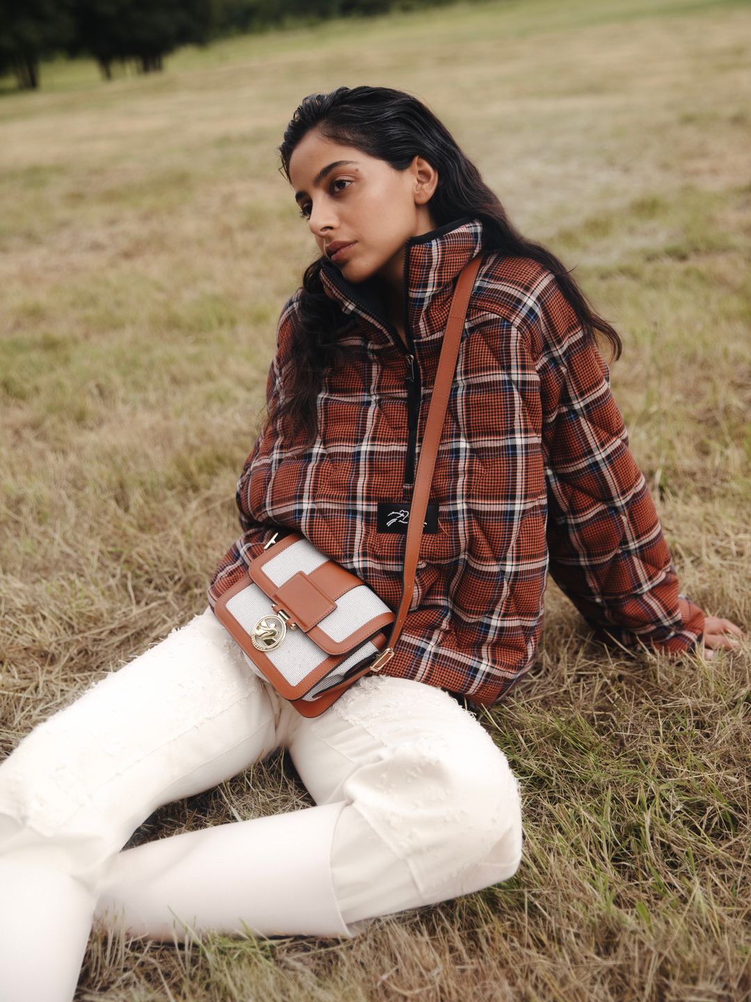 Jacket, £625, Jeans, £270, Wellies, £175, Bag, £425, all Longchamp.