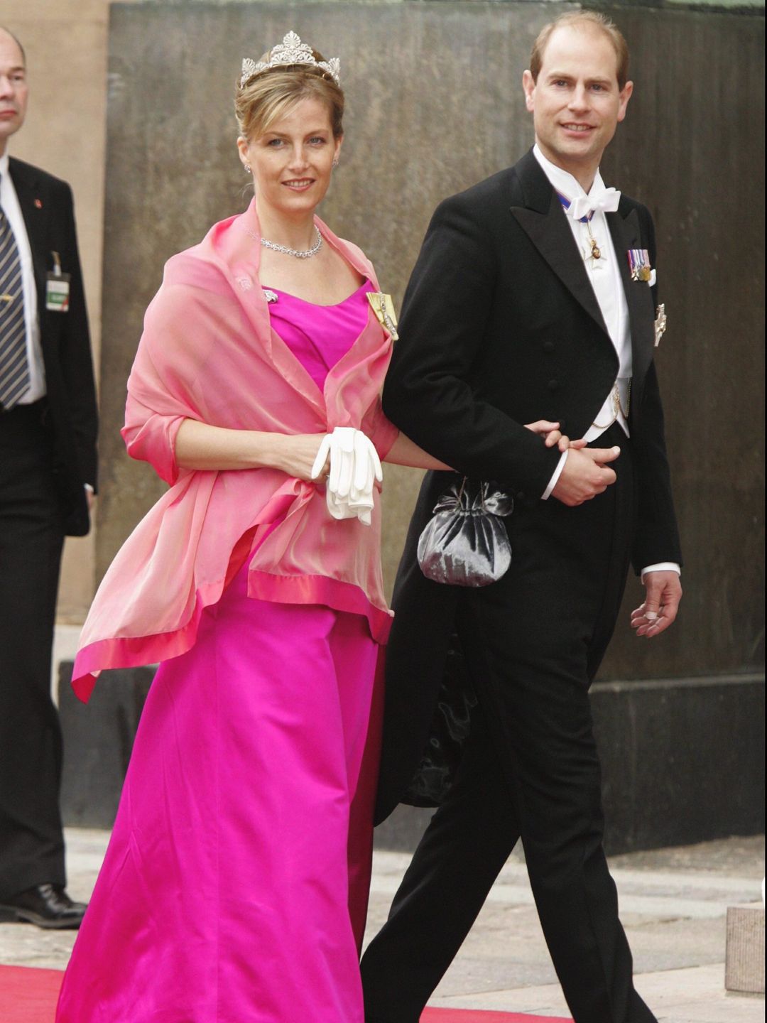 The Duchess of Edinburgh in a pink dress and a tiara with Prince Edward