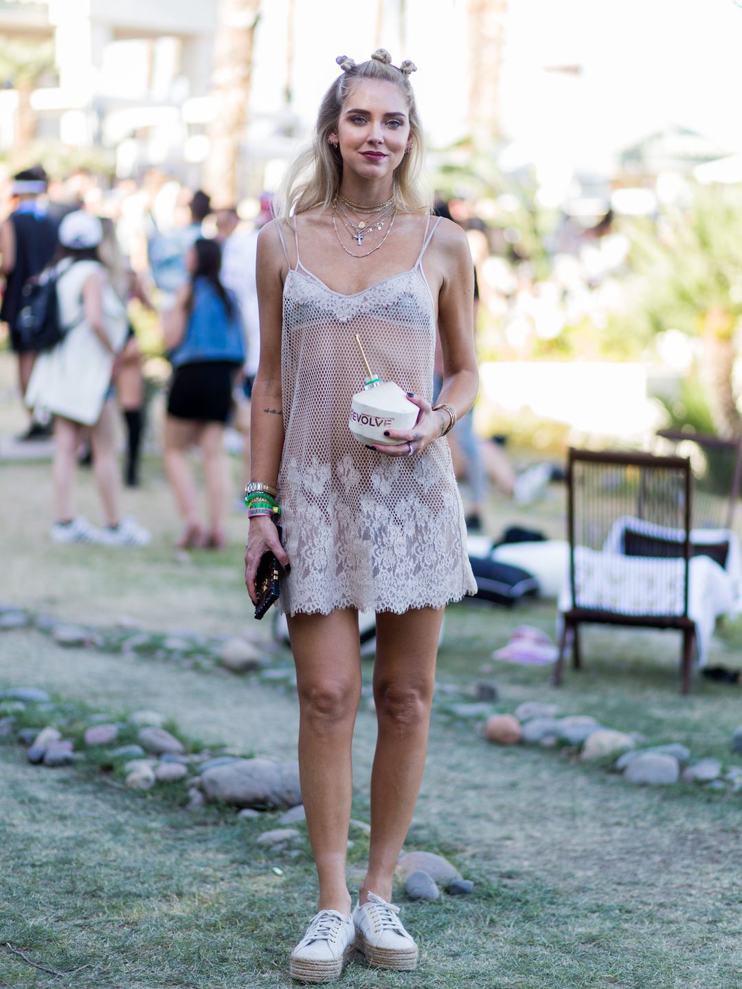 Chiara Ferragni wearing a sheer dress at the Revovle Festival during day 3 of the 2017 Coachella
