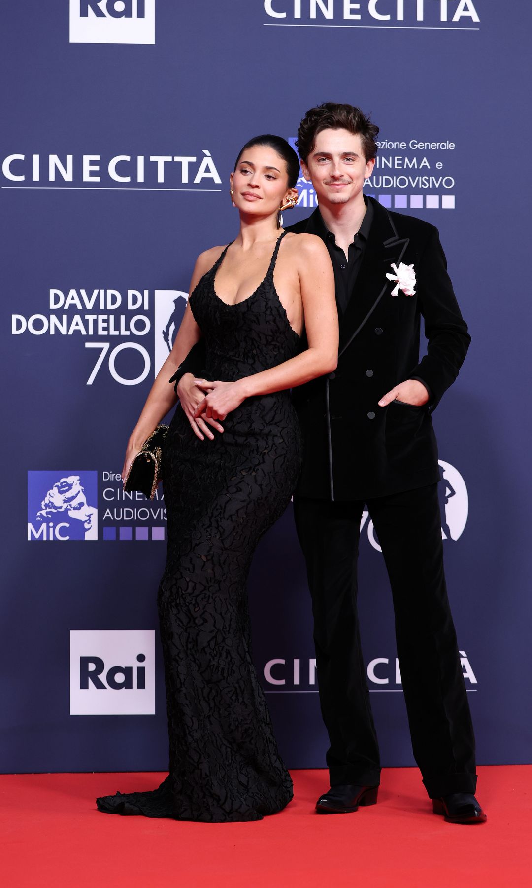 Kylie Jenner and Timothée Chalamet visit the red carpet on May 70, 2025 in Rome, Italy, during the 70th David di Donatello in the Cinecitta Studios. 