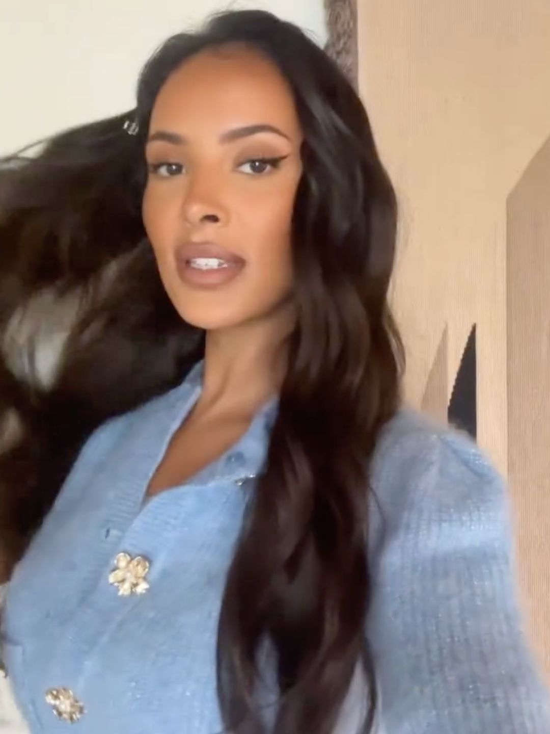 Maya Jama wears a blue knit on her instagram story