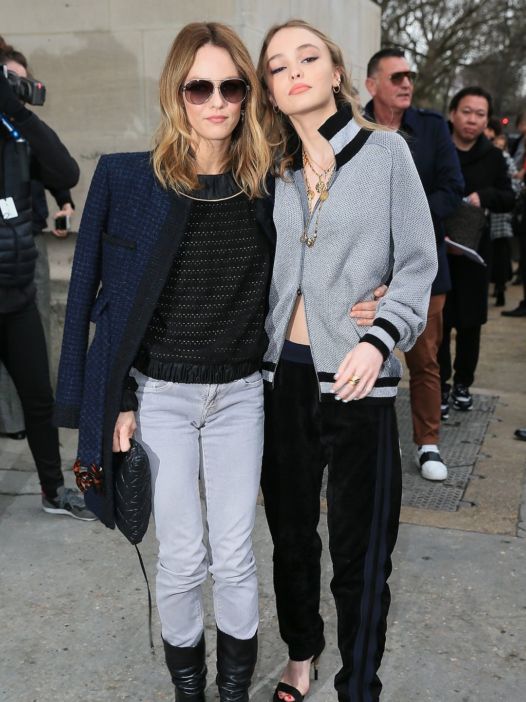 Lily-Rose Depp and Vanessa Paradis wearing elevated casual ensembles 
