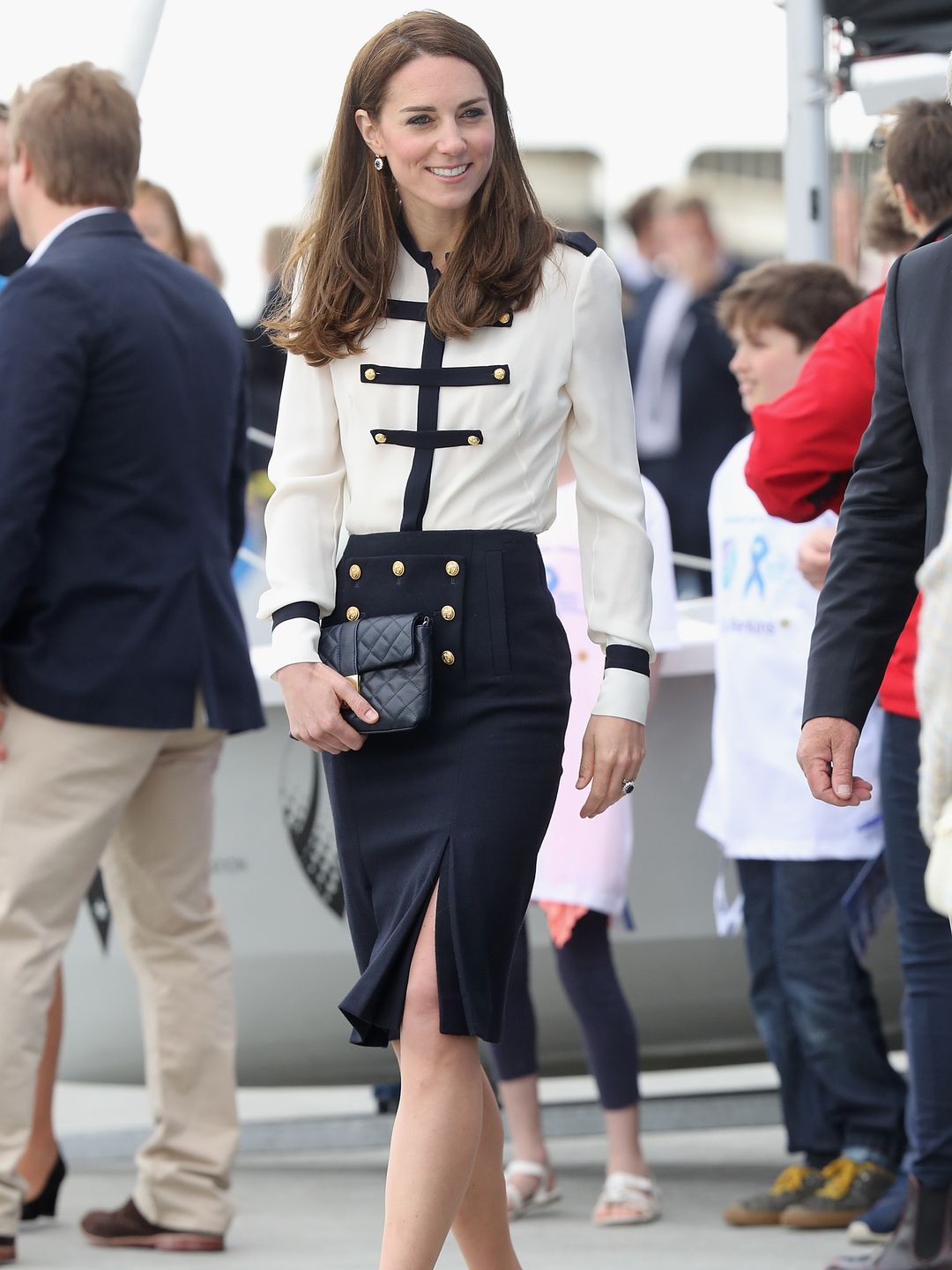 Catherine, Duchess of Cambridge, patron of the 1851 Trust, arrives at Land Rover BAR on May 20, 2016 in Alexander McQueen