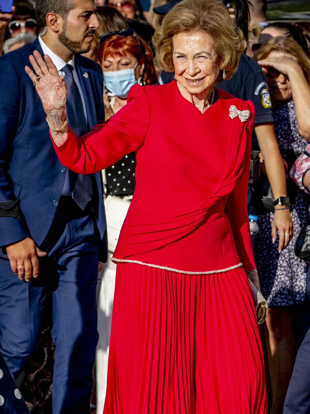 Queen Sofia at the Wedding of Princess Theodora of Greece and Matthew Kumar at the Cathedral of the Annunciation in Athens, Greece, September 28, 2024.
