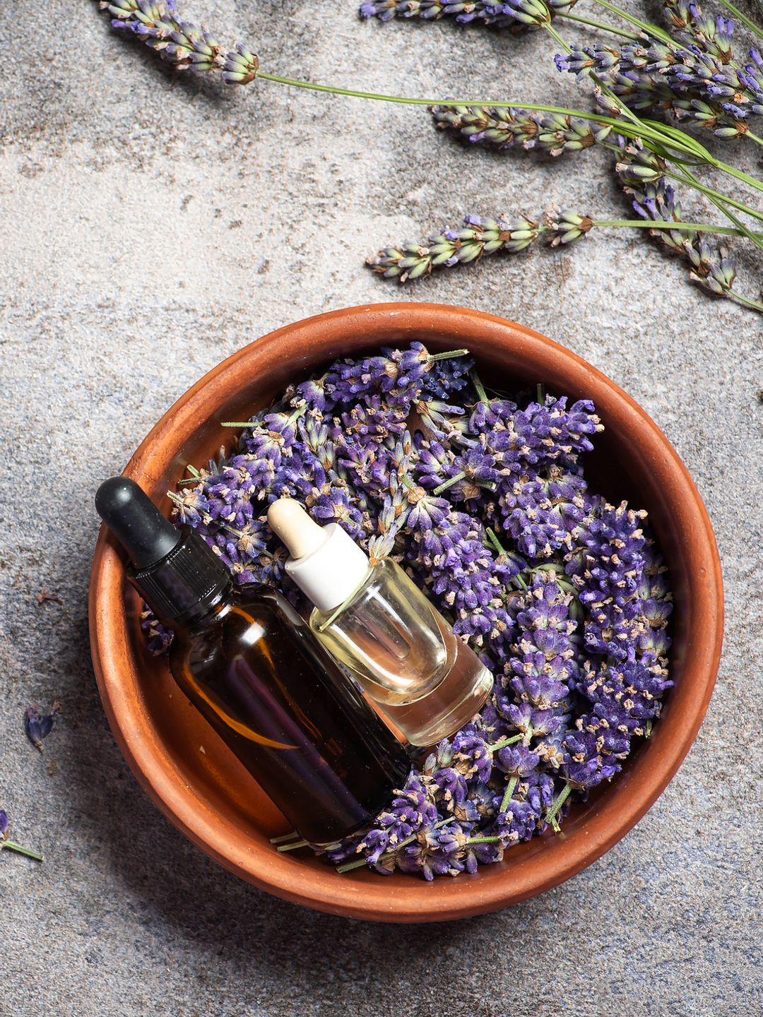 Lavender essential oil in bottles and lavender flowers in a bowl on a light gray background. With copy space