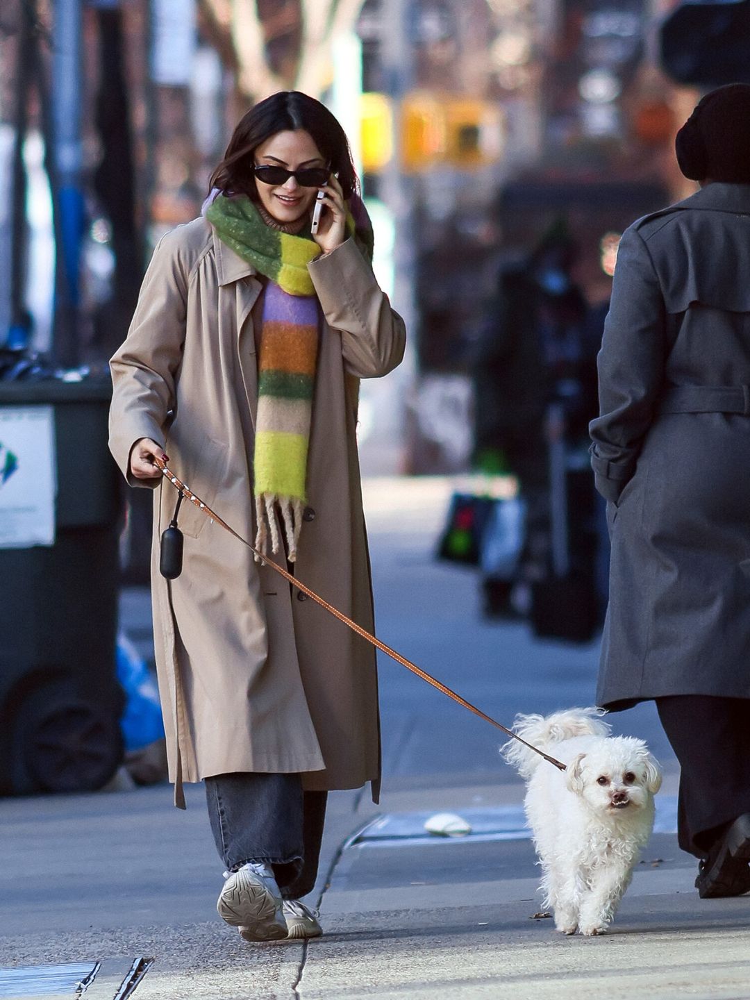 Camila Mendes walks her dog in NYC wearing a multicoloured scarf and camel trench coat