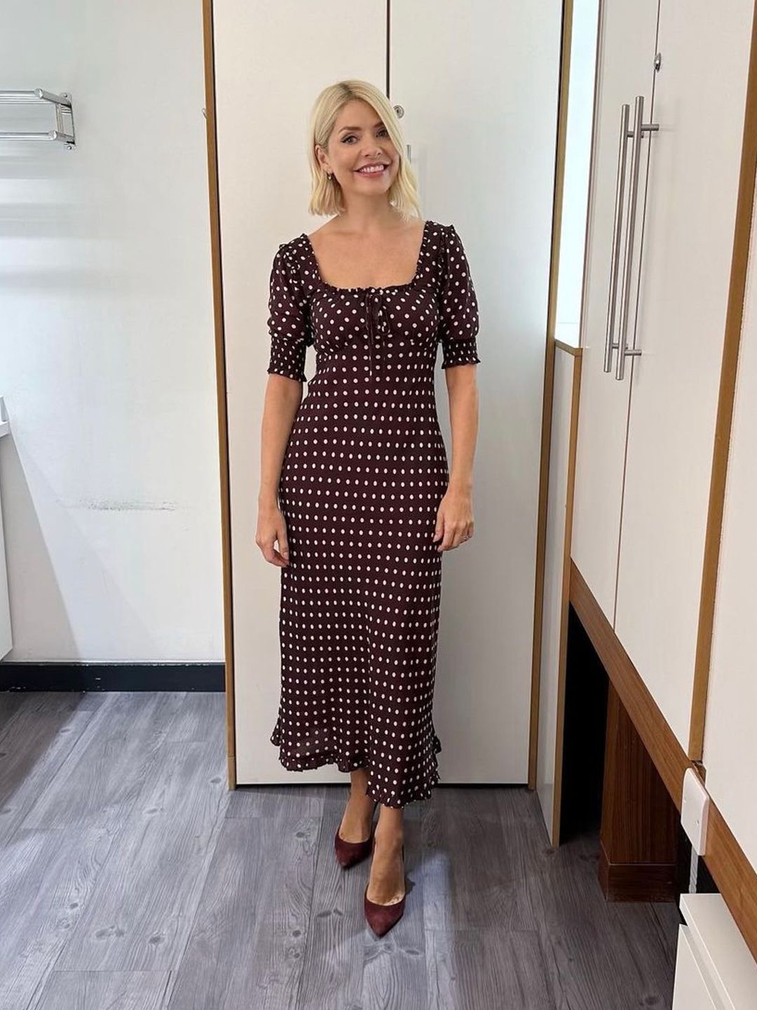 holly willoughby brown polka dot rixo dress this morning 