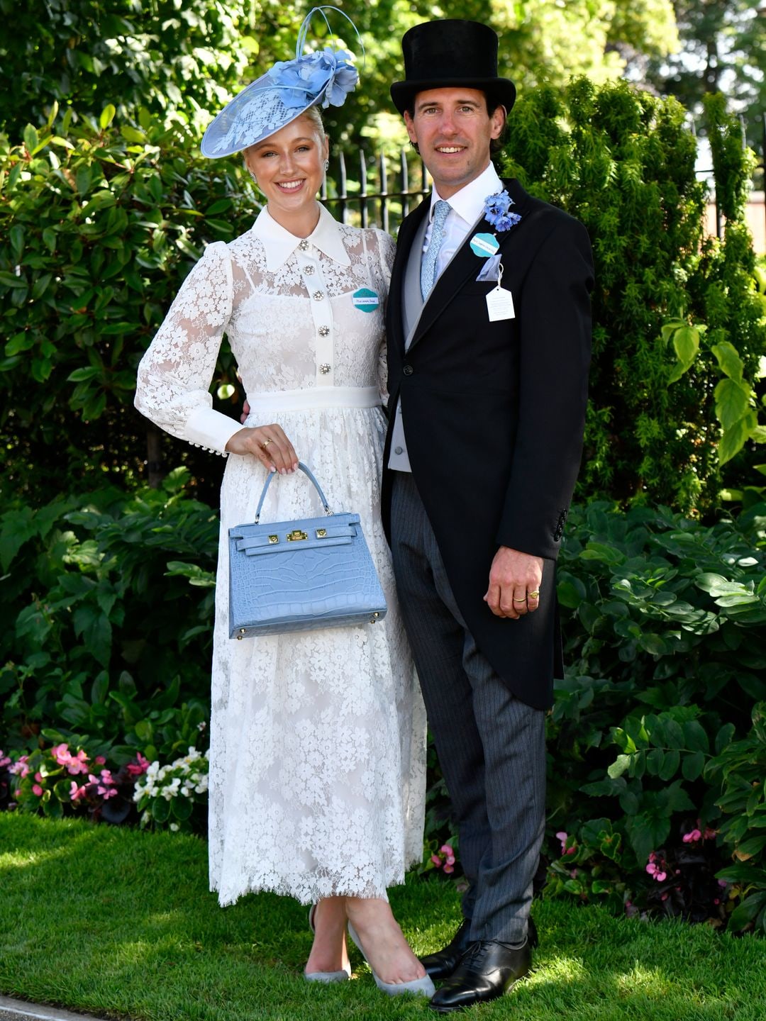 Leonora Smee, pictured with Mark Cosgrove-Smith, attended day four of Royal Ascot wearing an LK Bennett dress, jewellery from Tivon, a Vivien Sheriff hat, Lalage Beaumont Handbag and Christian Louboutin heels.