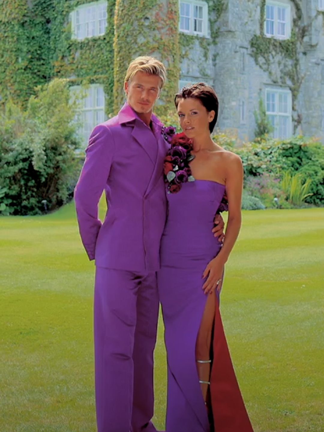 David and Victoria Beckham in matching purple Antonio Berardi outfits