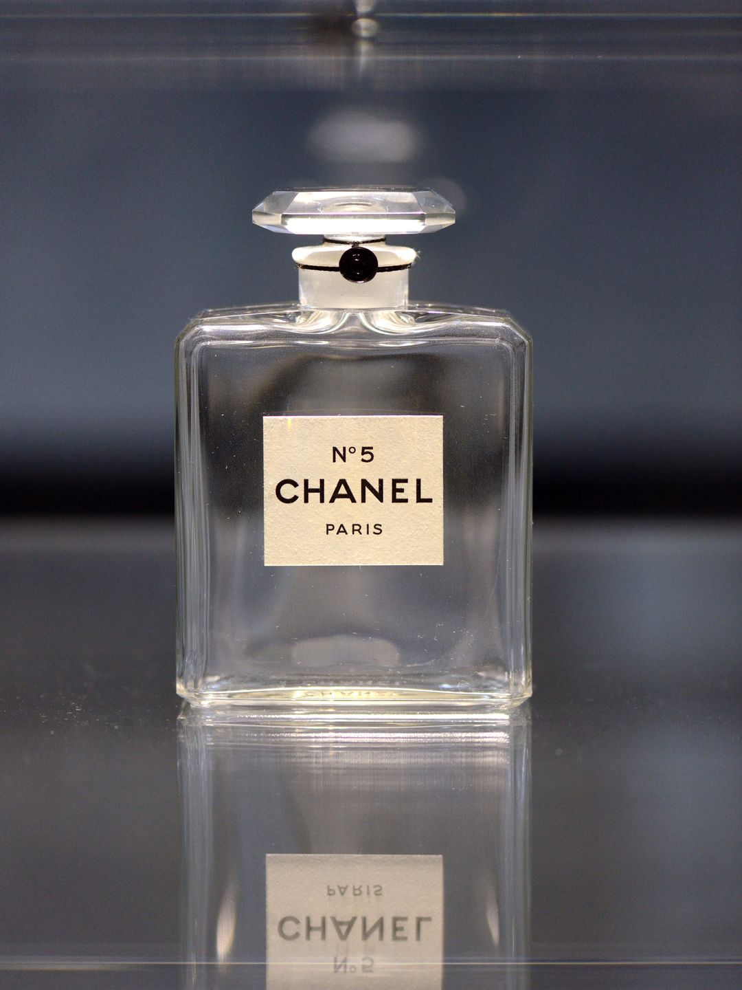 A perfume flask of "Chanel N°5", created in 1921, is displayed as part of the exhibition "N°5 culture Chanel" referring to French fashion designer Coco Chanel (1883-1971) at the Palais de Tokyo art museum in Paris