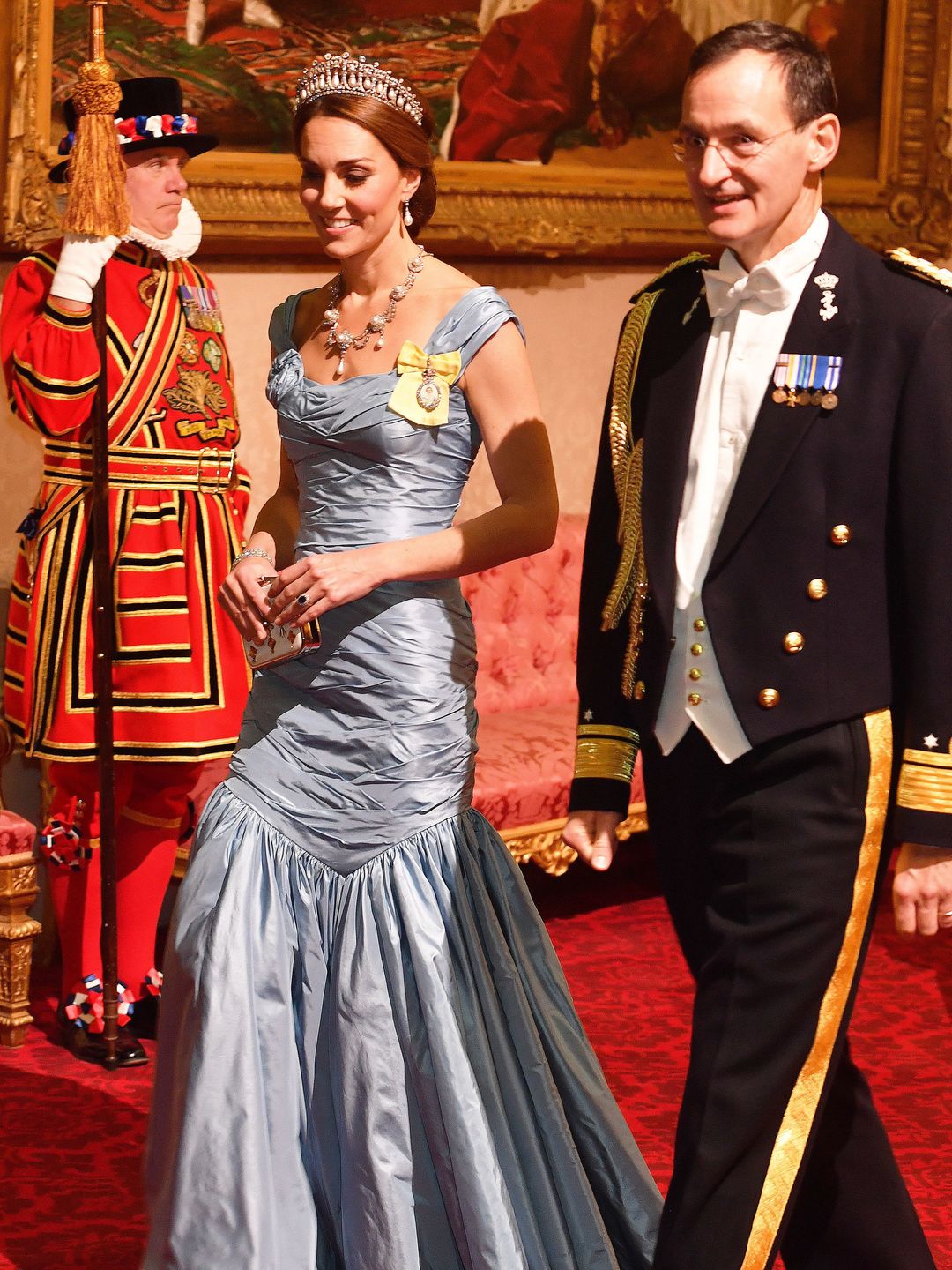 Kate Middleton in a blue taffeta gown at a state banquet 