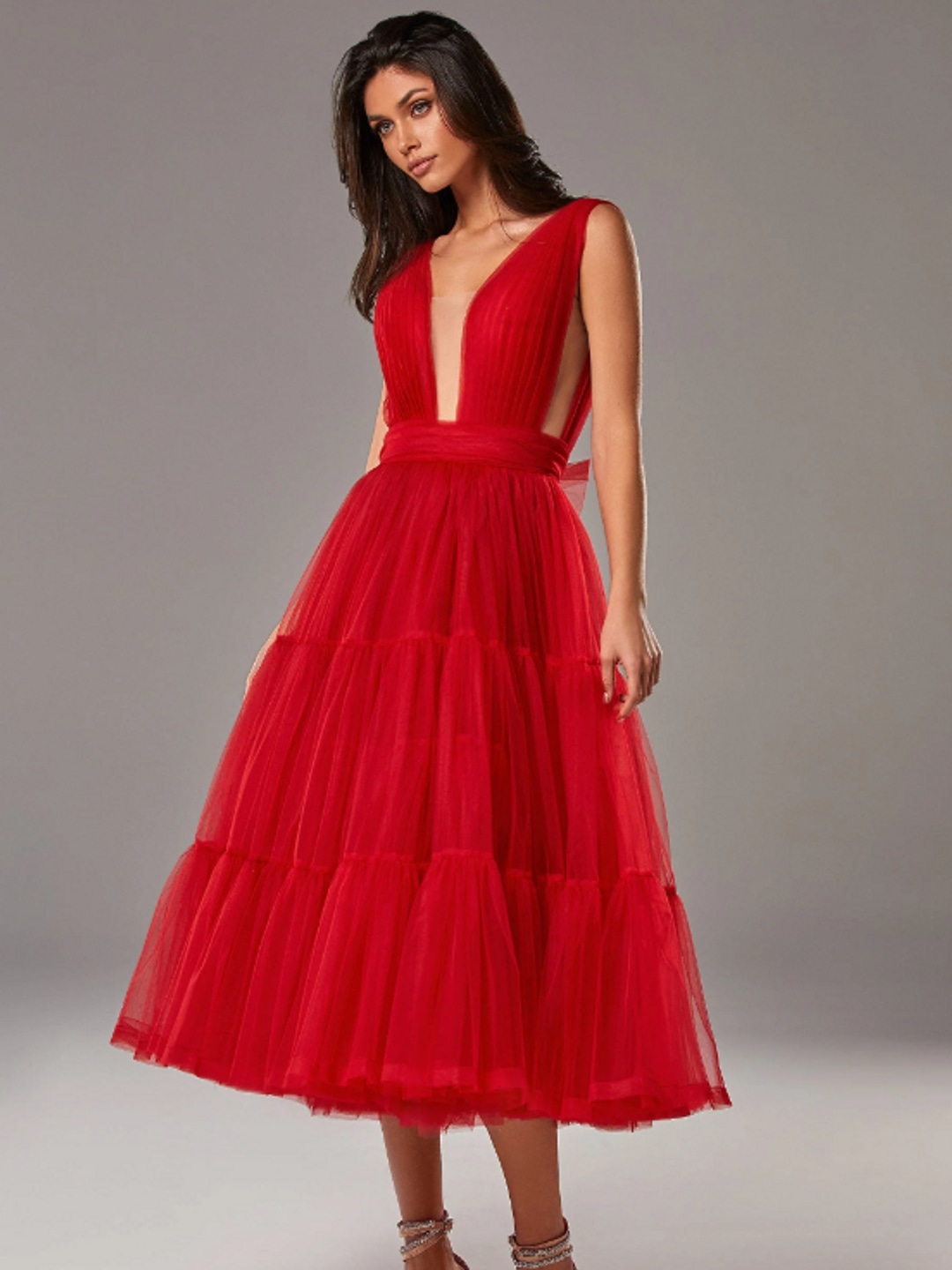 Model wearing Milla Plunging Red Midi Dress