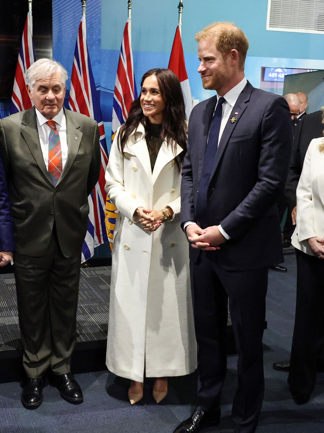 Hon. David Eby, Premier of British Columbia, Honourable Mary Simon, Governor General of Canada, Excellency Whit Grant Fraser, Meghan, Duchess of Sussex and Prince Harry, Duke of Sussex seen at the Invictus Games Vancouver Whistler 2025 at BC Sports Hall of Fame on February 8, 2025 in Vancouver, Canada. (Photo by Eric Charbonneau/Invictus Games Foundation via Getty Images)