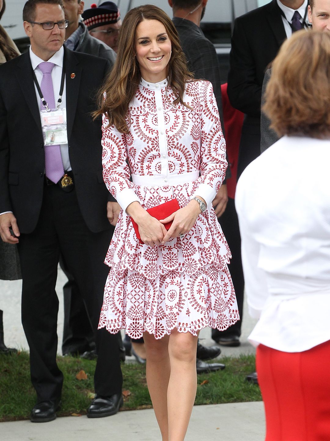 Kate Middleton wearing a white and red dress 