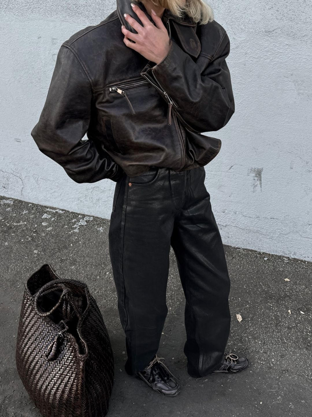 Elsa Hosk poses in leather pants and a leather jacket on her Instagram