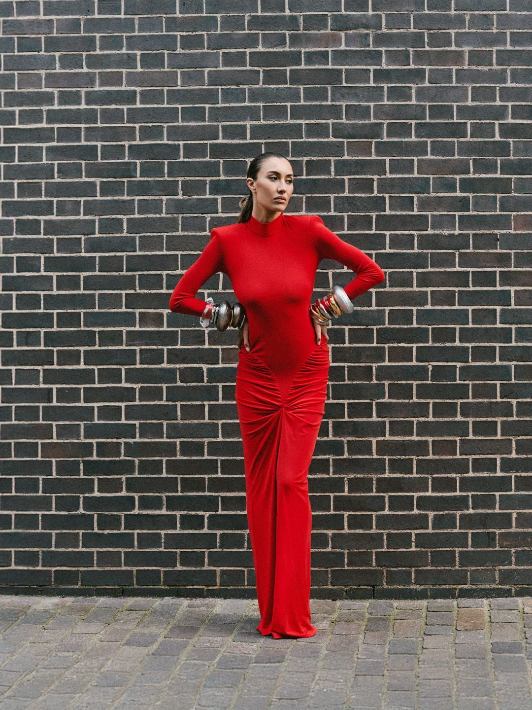 Dress: New Arrivals, available at Koibird, £895.
Bangles: all Alexis Bitter, Left Hand (From Elbow To
Wrist), $375, $225, $95, $225, $145, $145,
$225, $95.
Right Hand (From Elbow To Wrist),
$155, $225, $225, $375, $145, $275, $145
