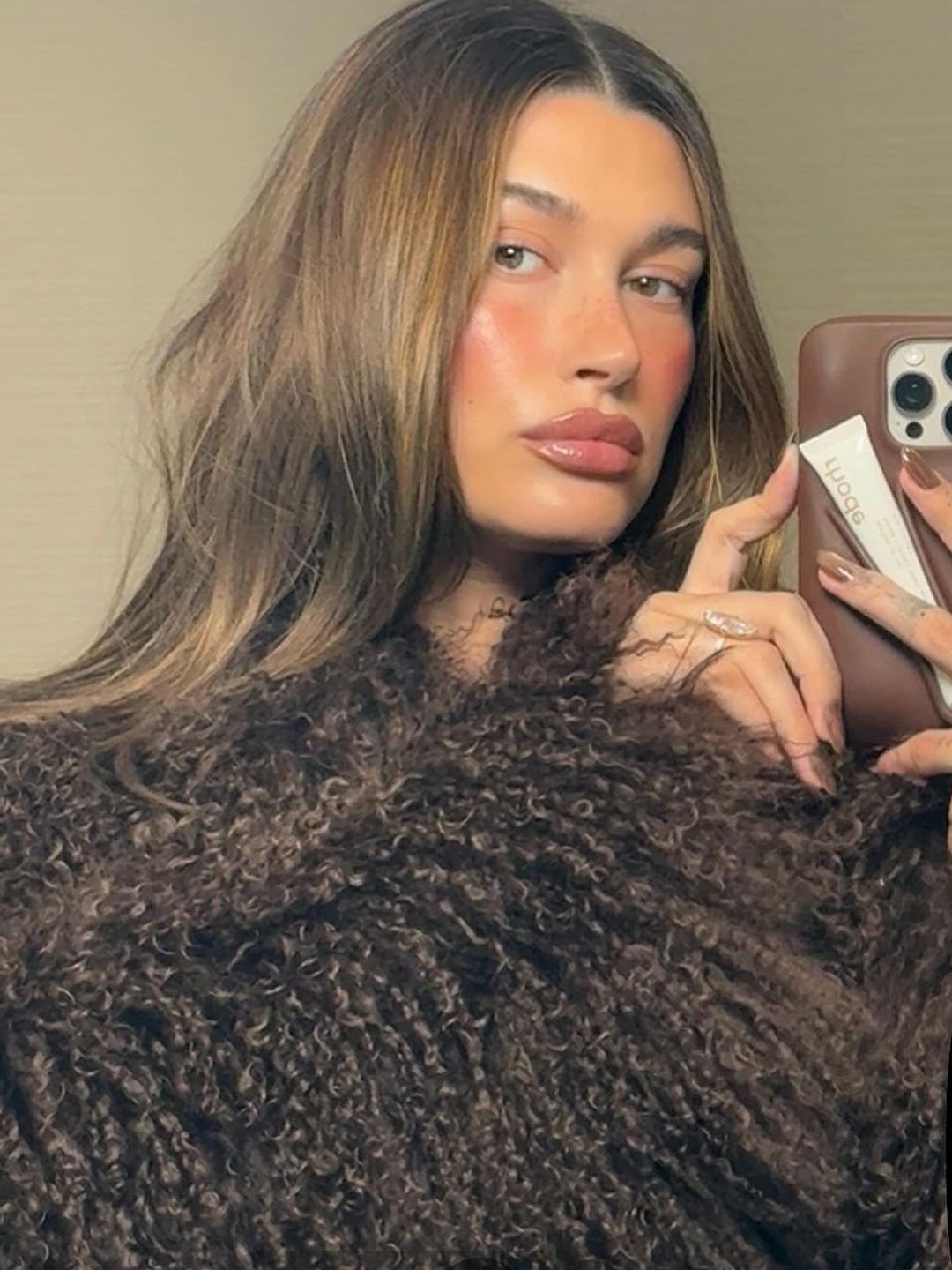 Hailey Bieber wearing brown fur jacket 