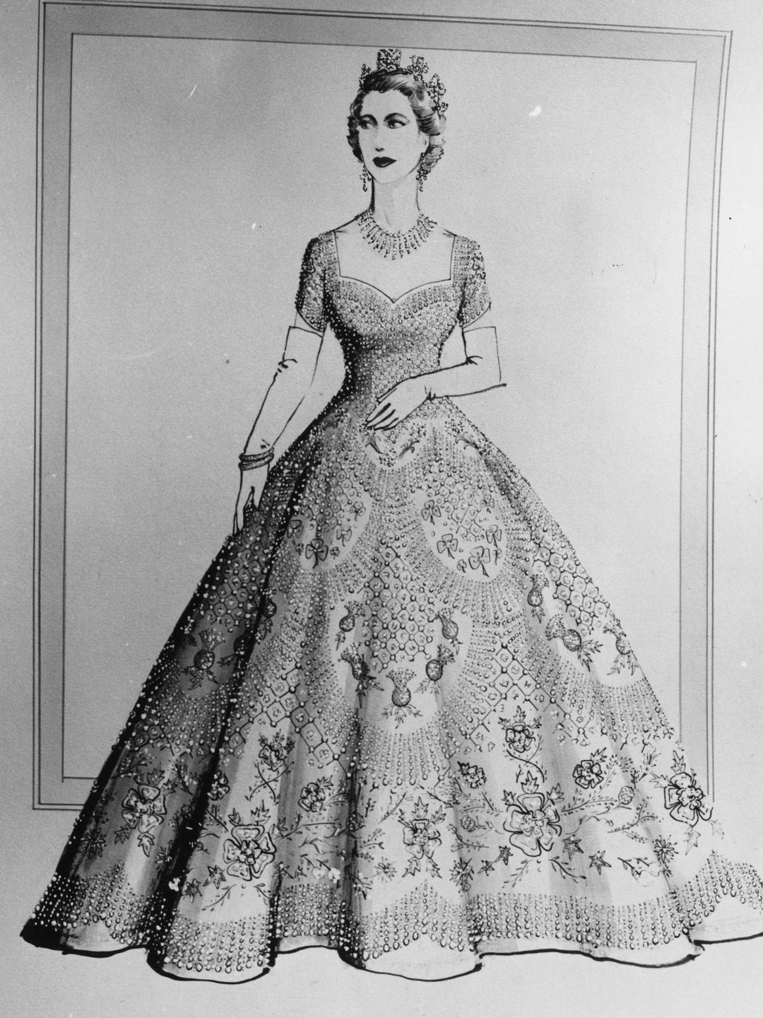 June 1953:  Norman Hartnell design of Queen Elizabeth's dress for the Coronation ceremony. Original Publication: Picture Post - 6540 - Under The Red Robe - pub. 1953  (Photo by Haywood Magee/Picture Post/Getty Images)