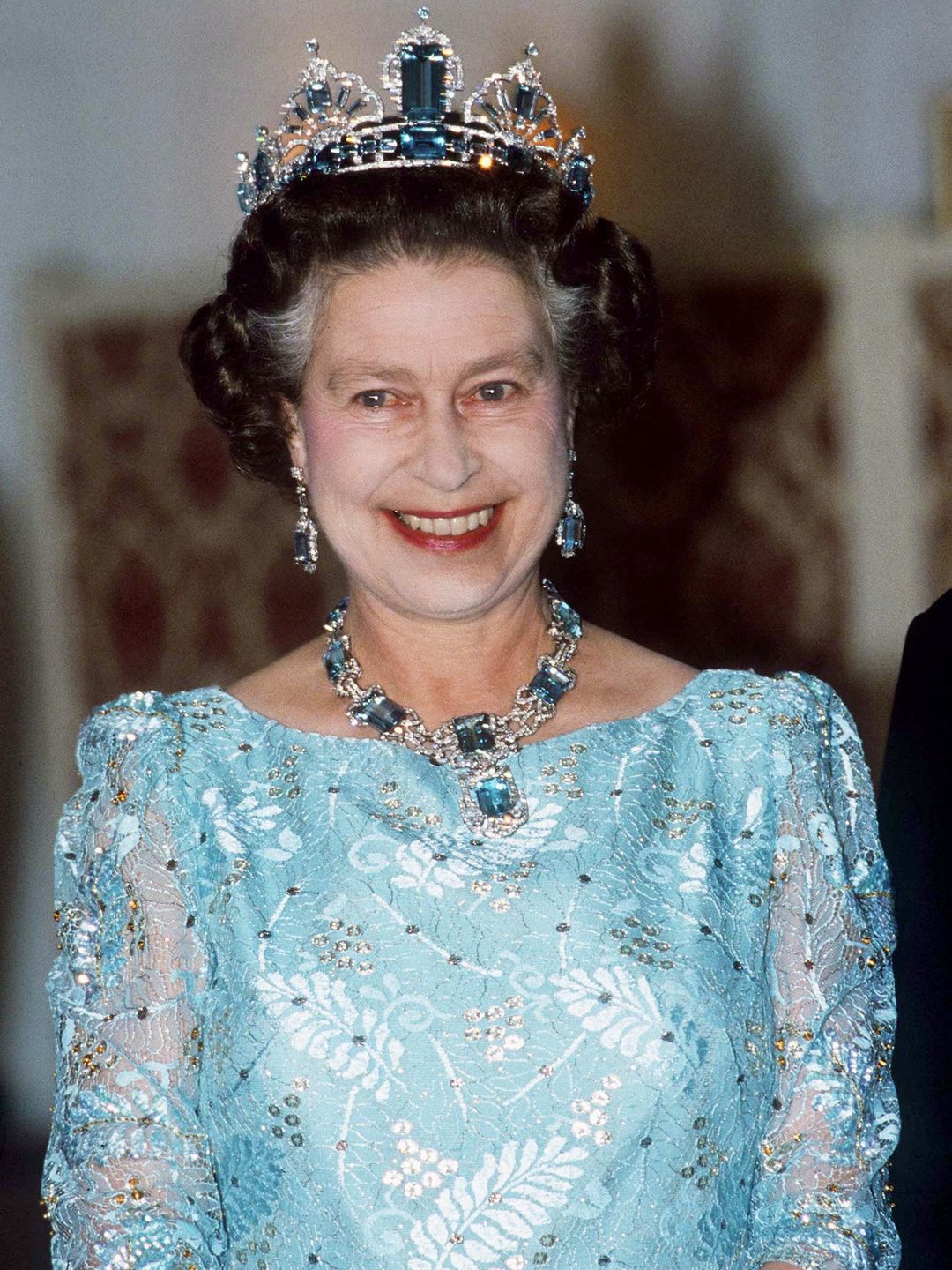 Queen Elizabeth II wearing the Brazilian Aquamarine Parure