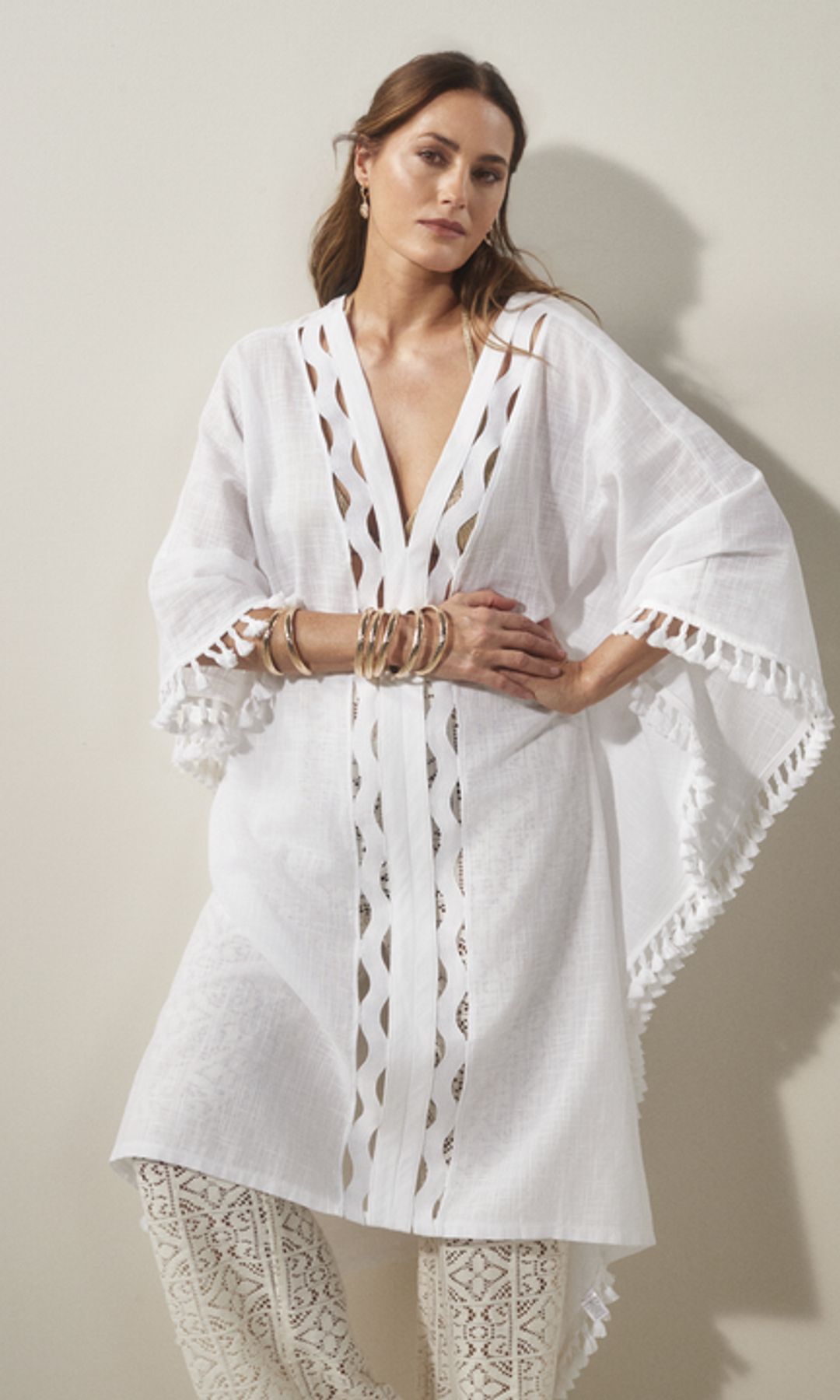 Yasmin Le Bon for George wearing the White Cut Out Tassel Trim Kaftan