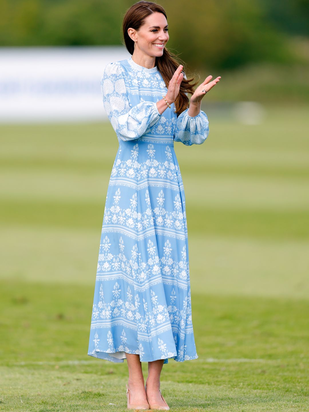 Catherine, Princess of Wales attends the Out-Sourcing Inc. Royal Charity Polo Cup 2023 at Guards Polo Club in Beulah London dress