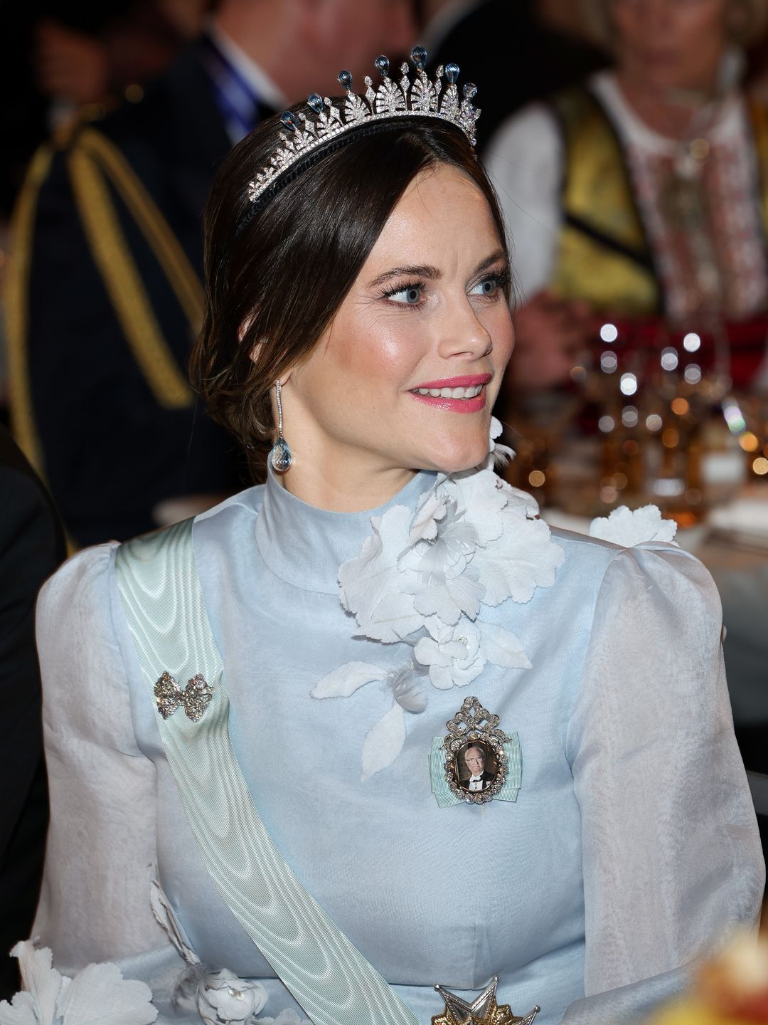 Princess Sofia of Sweden attend the Nobel Prize Banquet 2022 at Stockholm City in a babyblue gown
