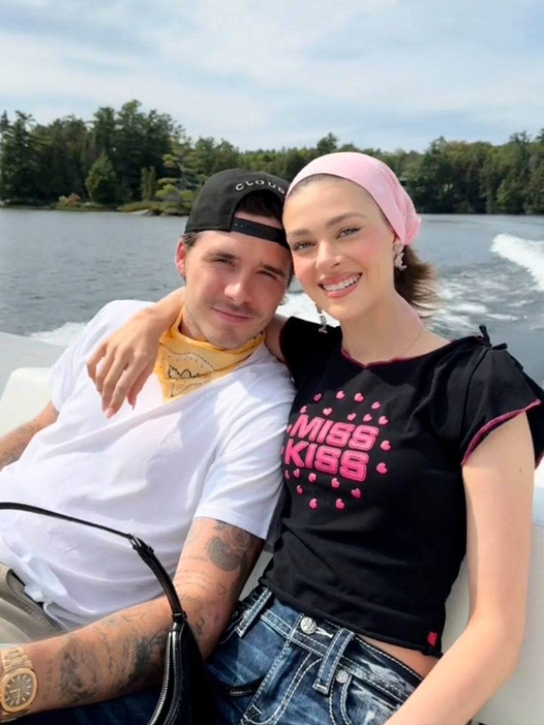 Nicola Peltz Beckham poses with her husband Brooklyn on a boat