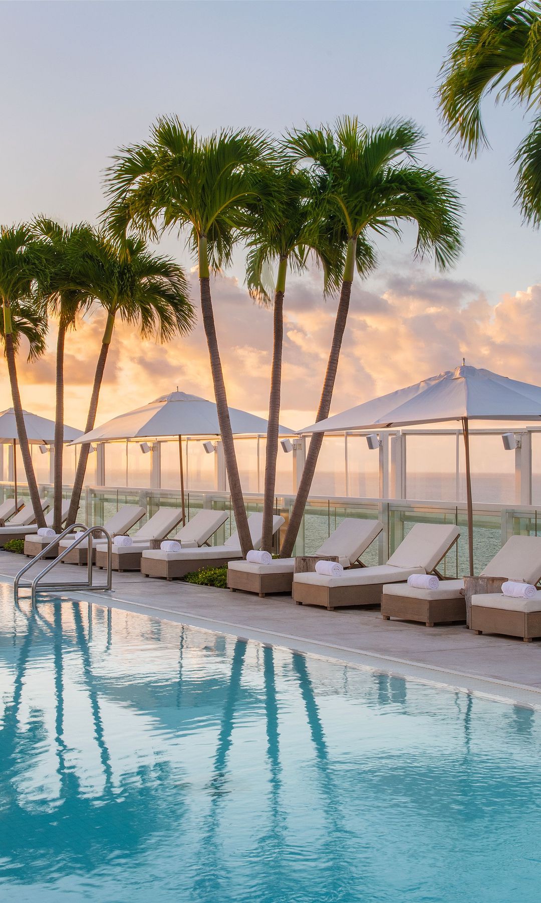 Rooftop view from the pool at 1 Hotel South Beach overseeing the ocean with palm trees and sun lounge chairs