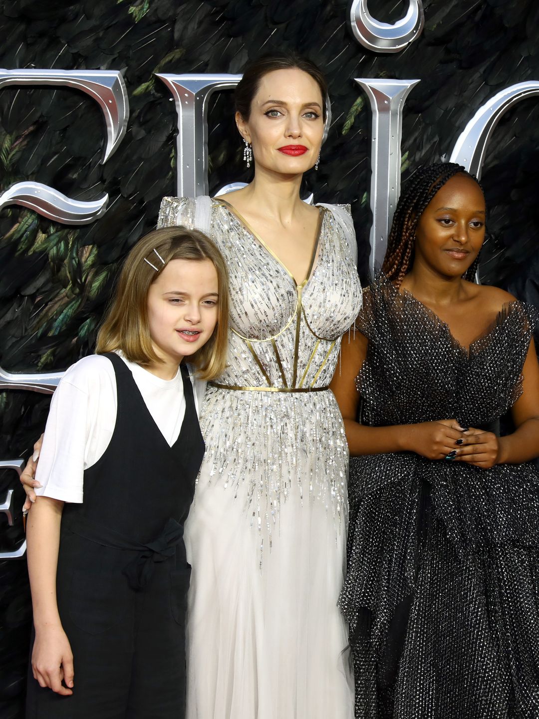 Vivienne Marcheline Jolie-Pitt, Angelina Jolie, Zahara Marley Jolie-Pitt, Shiloh Nouvel Jolie-Pitt and Knox Jolie-Pitt attend the European premiere of "Maleficent: Mistress of Evil" at Odeon IMAX Waterloo on October 09, 2019 in London, England.