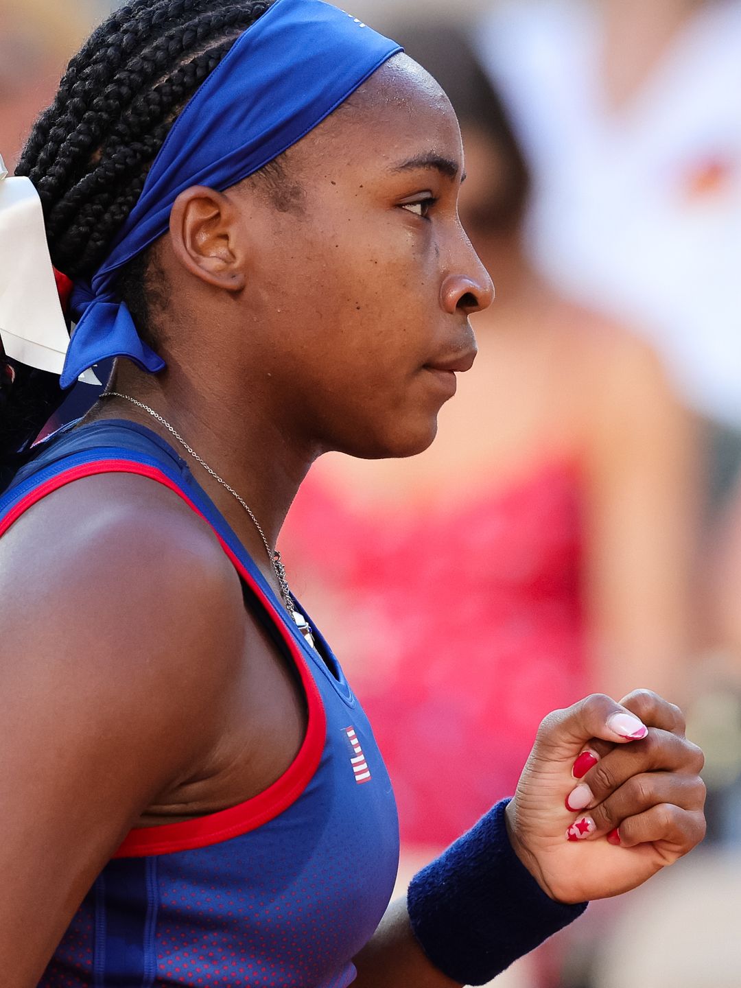 Coco Gauff of USA reacts during the Women's Tennis Singles First Round at the Paris 2024 Olympic Games